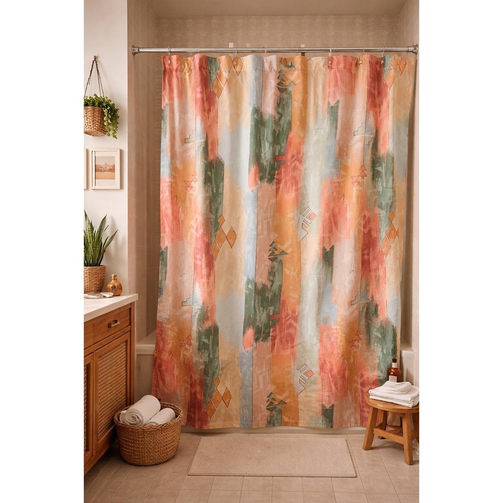 Vintage 80s 90s Abstract Geometric Southwest Pattern Shower Curtain Pastels 70"